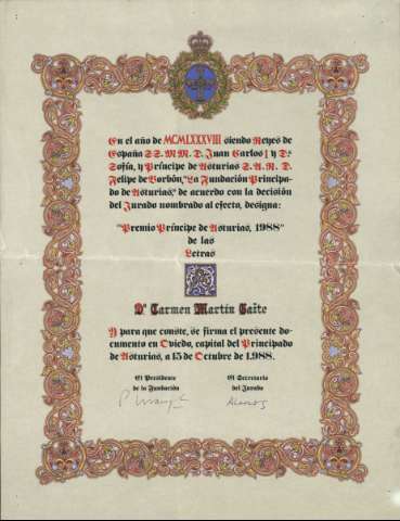 Biblioteca Digital de Castilla y León > Diploma del Premio Príncipe de  Asturias de las Letras.
