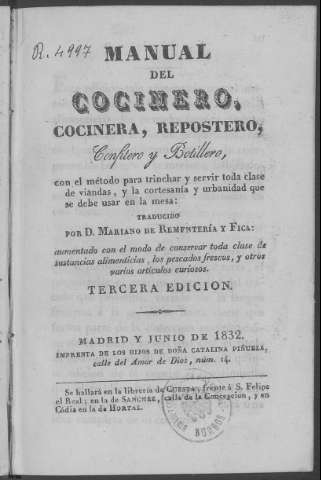 Manual del cocinero, cocinera, repostero,... (1832)